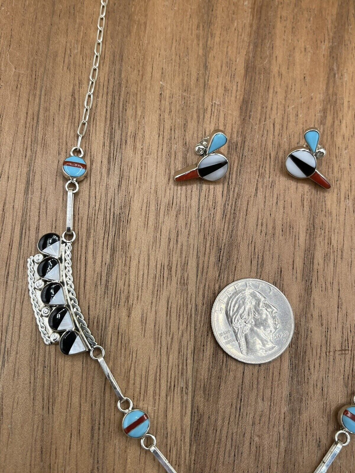 Native American Zuni handmade Silver Multi-stone Inlay Thunderbird Necklace 22”