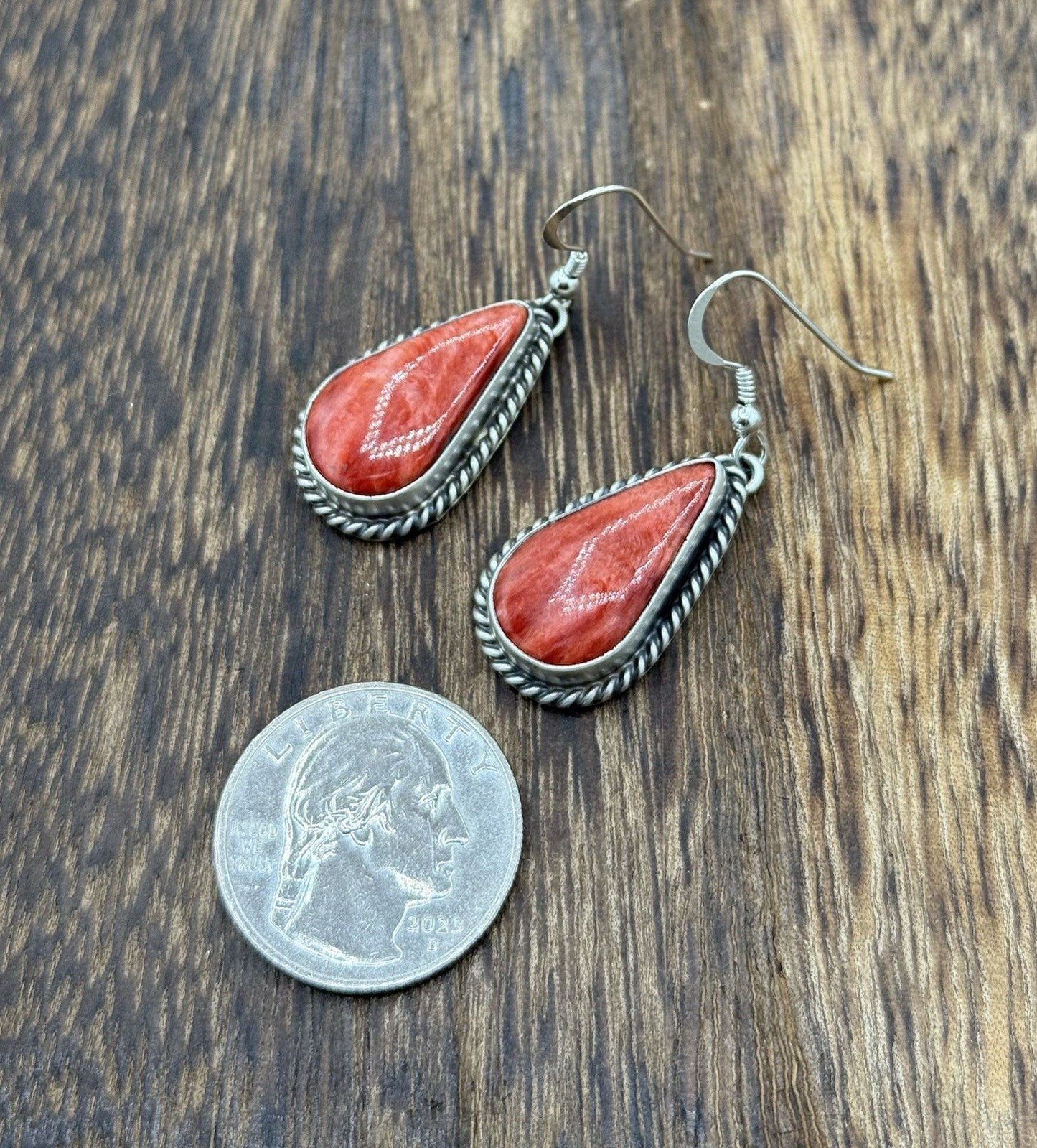 Native Navajo Handmade Sterling Silver Red Spiny Oyster Shell Dangle Earrings