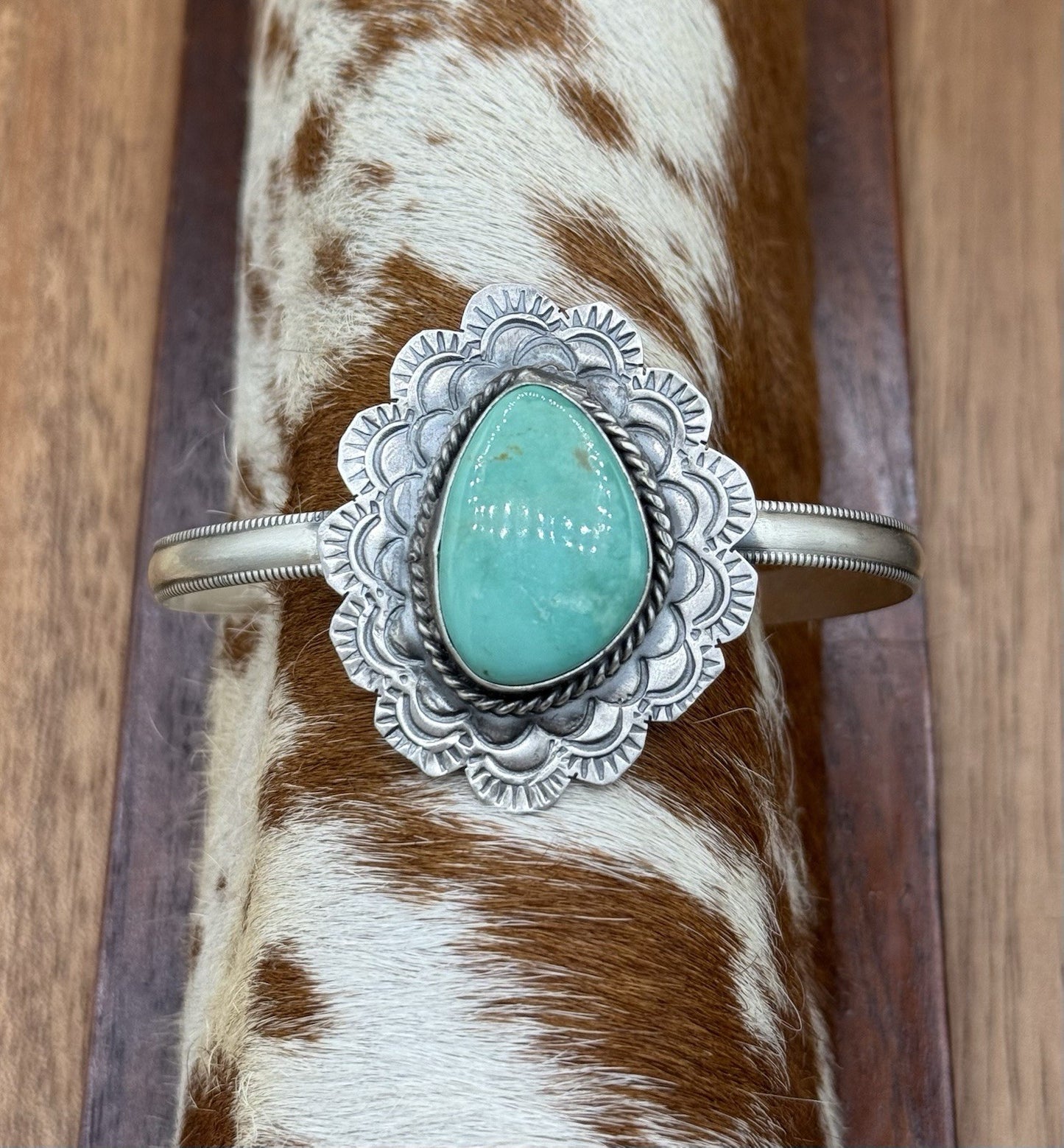 Native Navajo Handmade Sterling Silver Kingman Turquoise Cuff Stamped Bracelet
