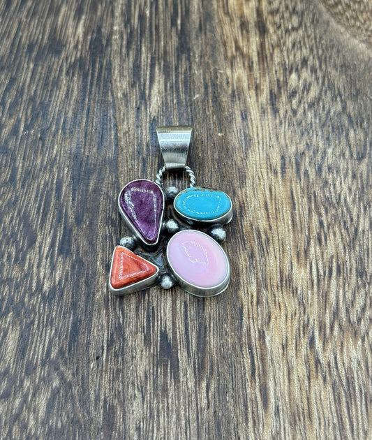 Navajo Handmade Sterling Silver Multi Color Turquoise Spiny Cluster Pendant