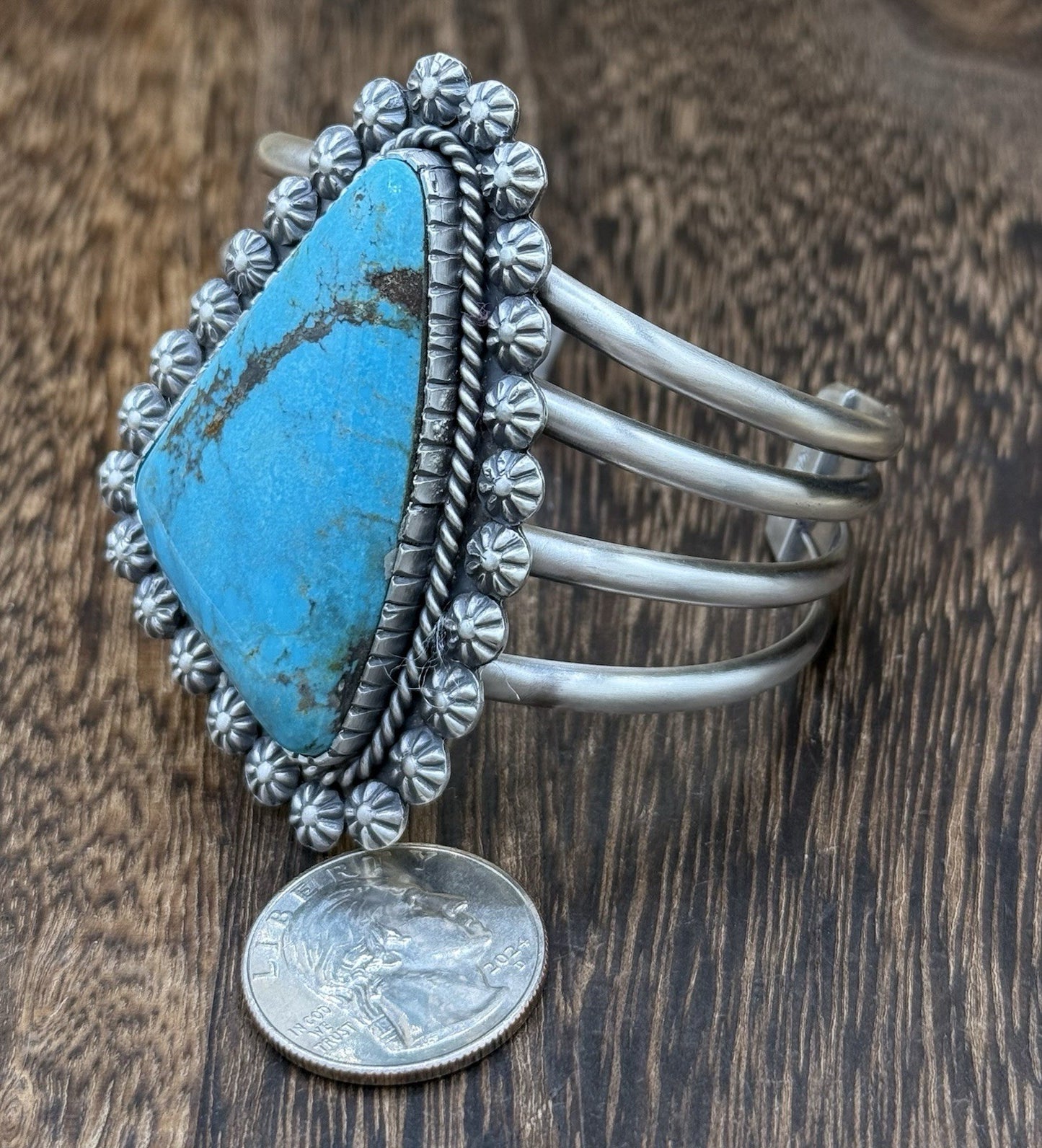 Native Navajo Handmade Sterling Silver Kingman Turquoise Old Look Cuff Bracelet