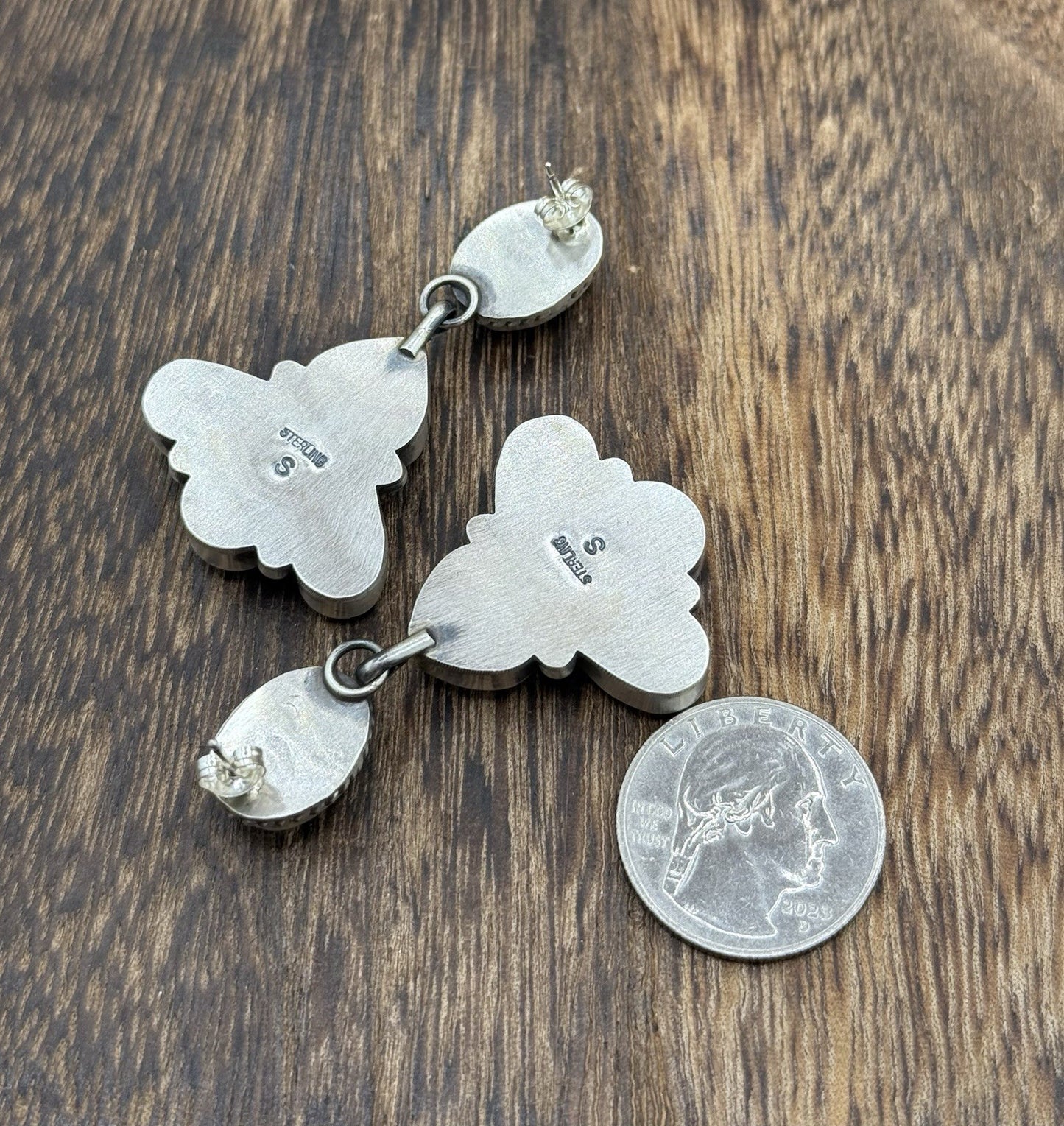 Navajo Handmade Sterling Silver Blue Bird Turquoise Cluster Post Dangle Earrings