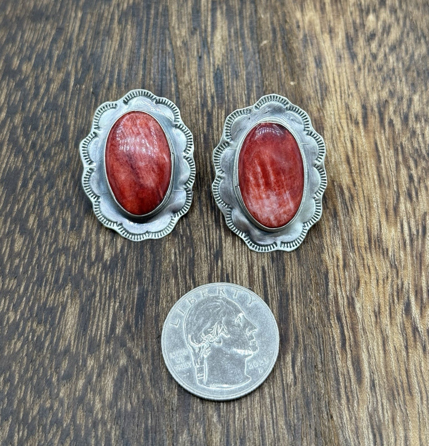 Navajo Handmade Sterling Silver Red Spiny Oyster Shell Stamped Post Earrings