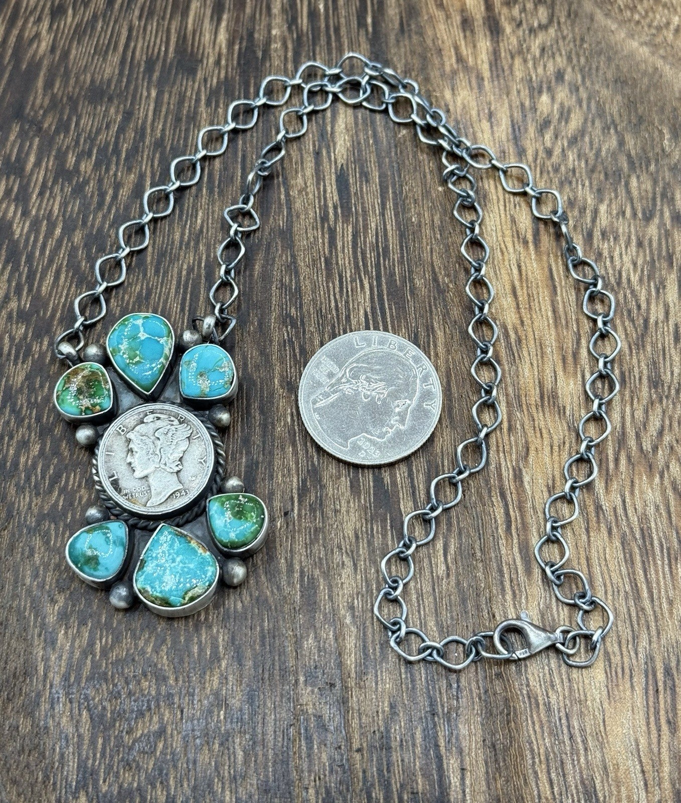 Navajo Handmade Silver Sonoran Gold Turquoise Liberty Coin Cluster Necklace 18”