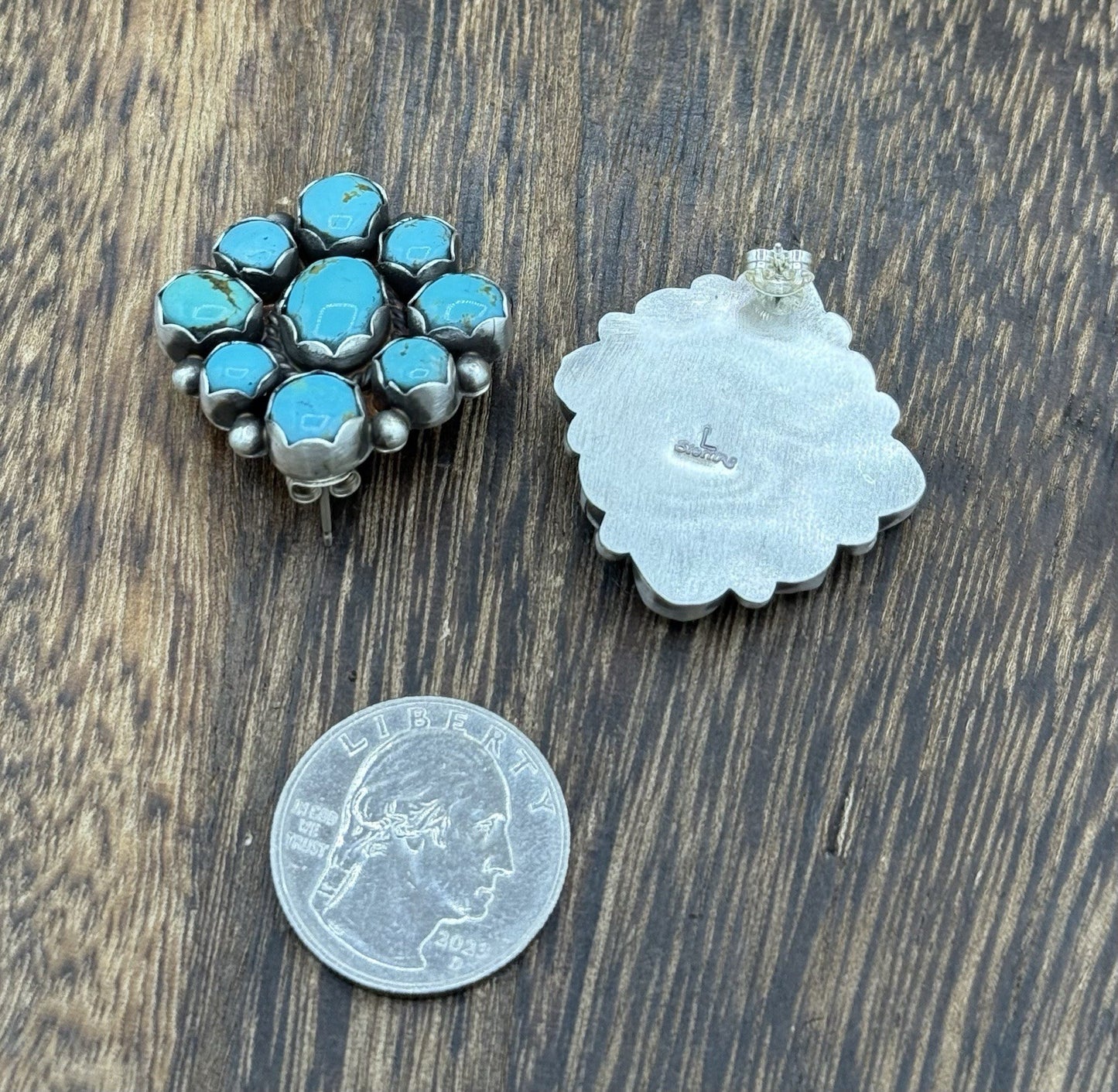 Native Navajo Handmade Sterling Silver Kingman Turquoise Cluster Post Earrings