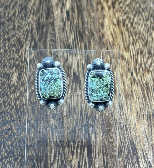 Navajo Handmade Sterling Silver Blackjack Turquoise Old Look Post Stud Earrings