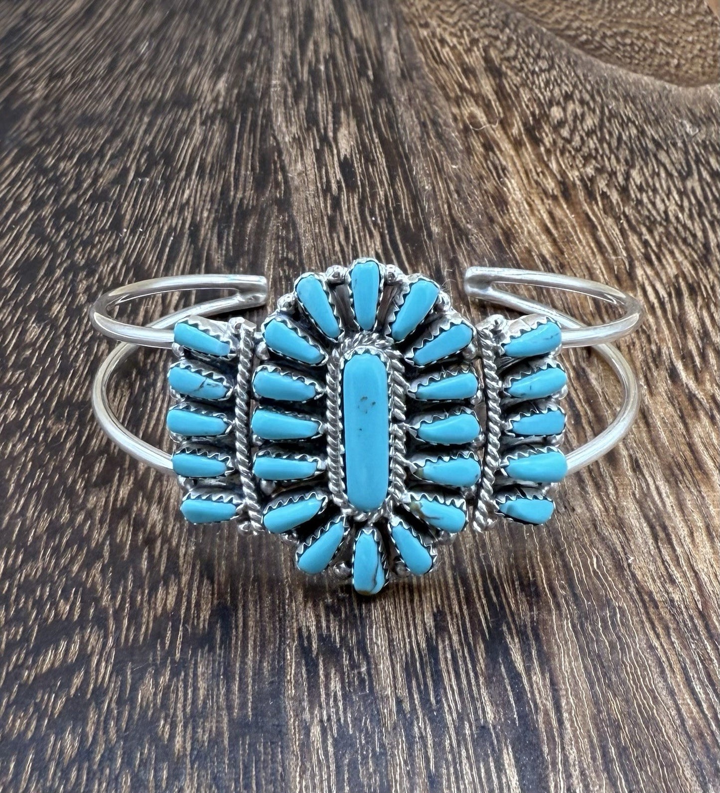Navajo Handmade Sterling Silver Turquoise Traditional Cluster Cuff Bracelet