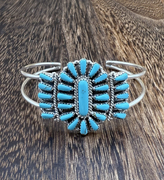 Navajo Handmade Sterling Silver Turquoise Traditional Cluster Cuff Bracelet