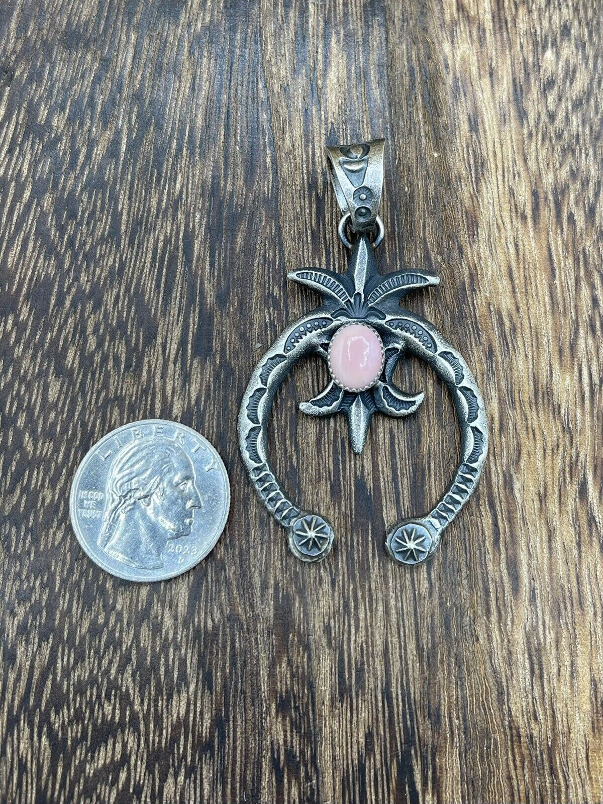 Native American Indian  Navajo Handmade Silver Old Look Pink Concho Naja Pendant