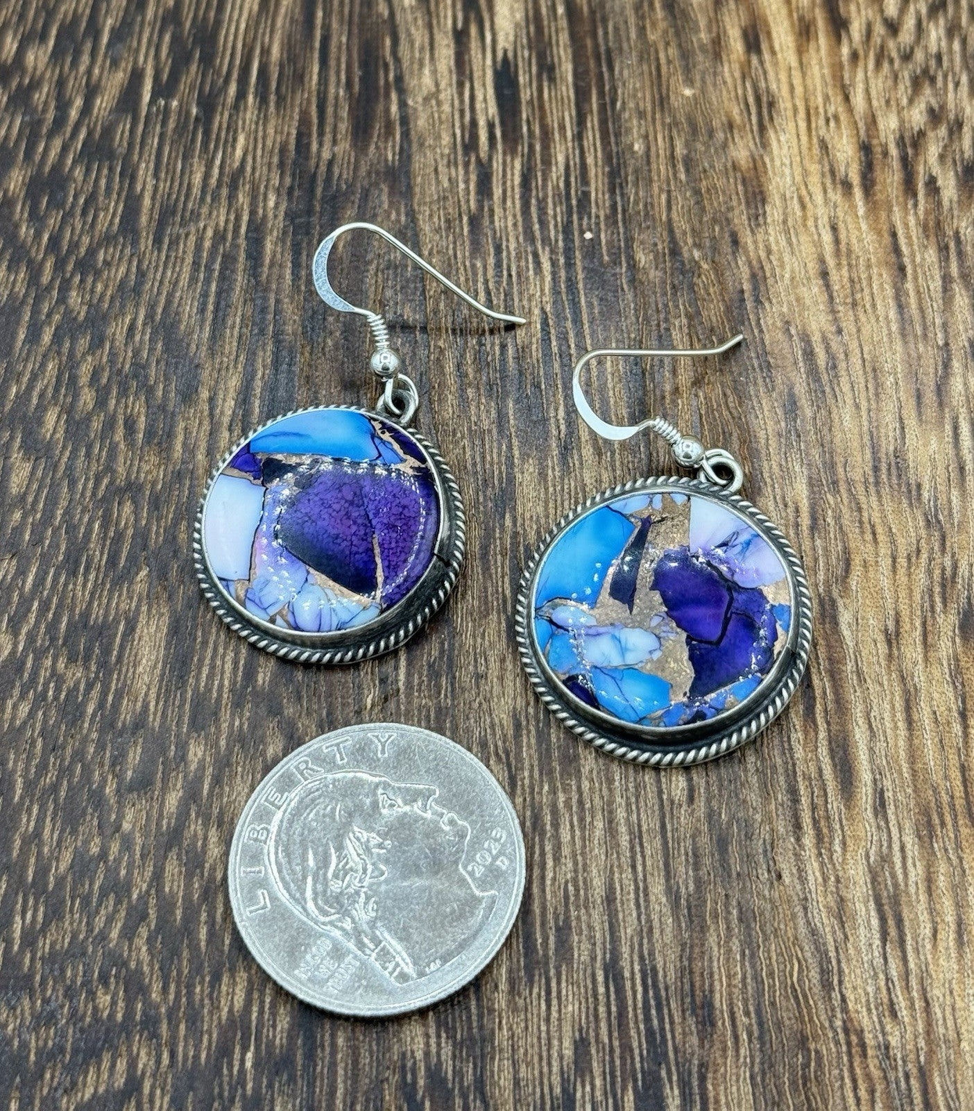 Navajo Handmade Sterling Silver Violet Rose & Blue Dahlia Dangle Drop Earrings