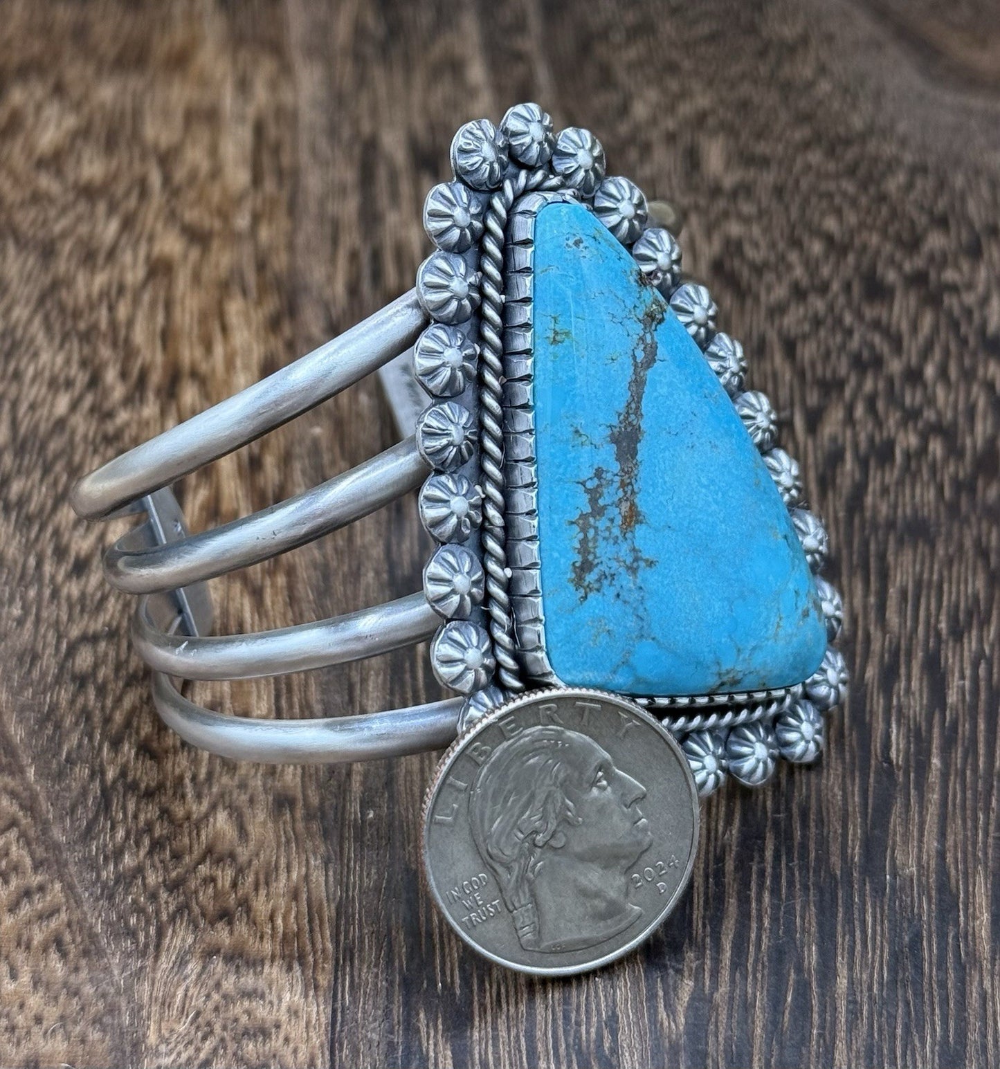 Native Navajo Handmade Sterling Silver Kingman Turquoise Old Look Cuff Bracelet