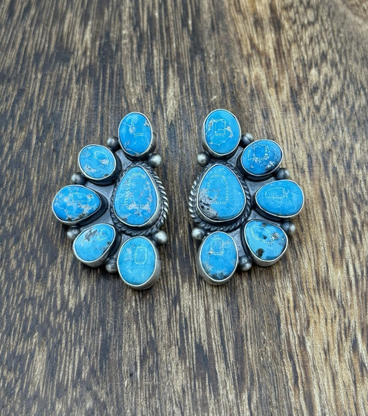 Navajo Handmade Sterling Silver Blue Ridge Turquoise Half Cluster Large Earrings
