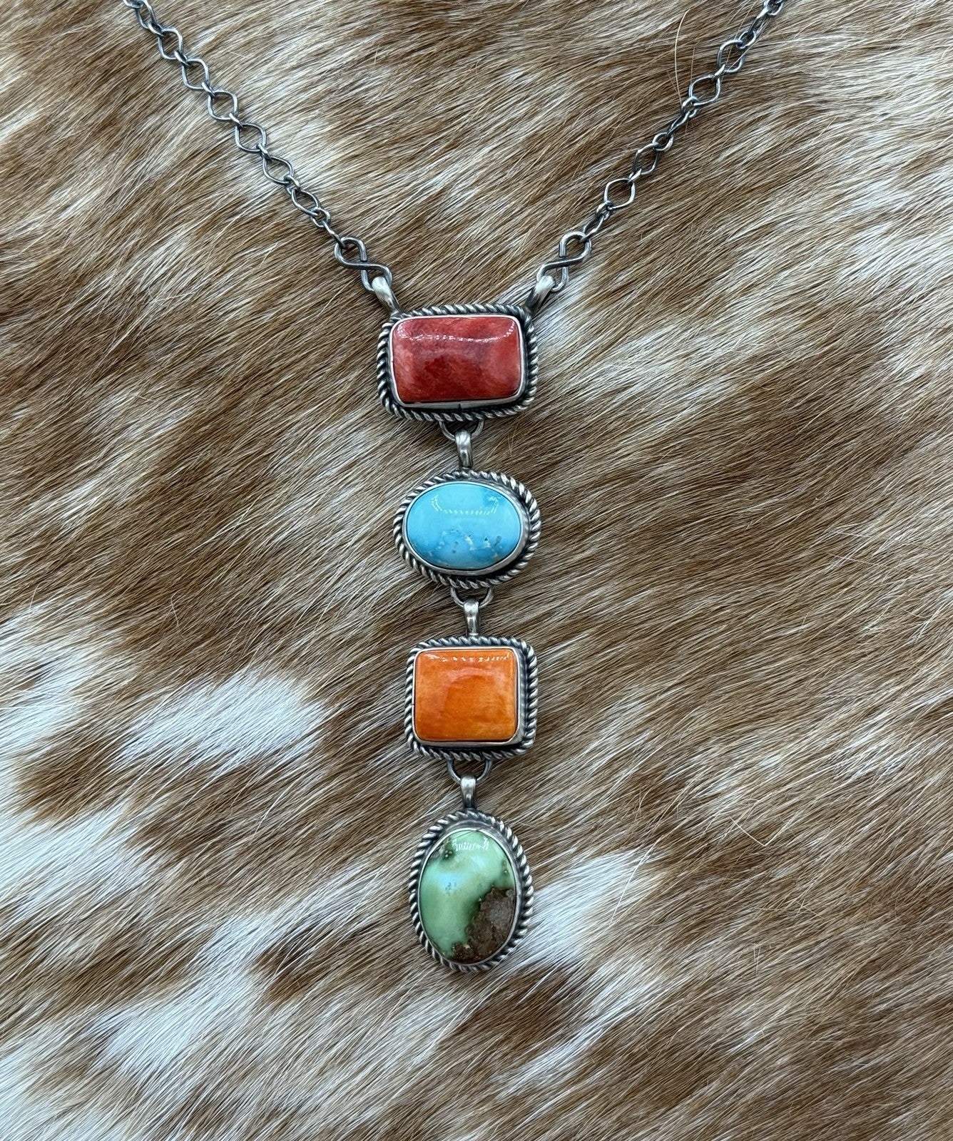 Navajo Handmade Sterling Silver Multi Color Mixed Stone Lariat Necklace 18”