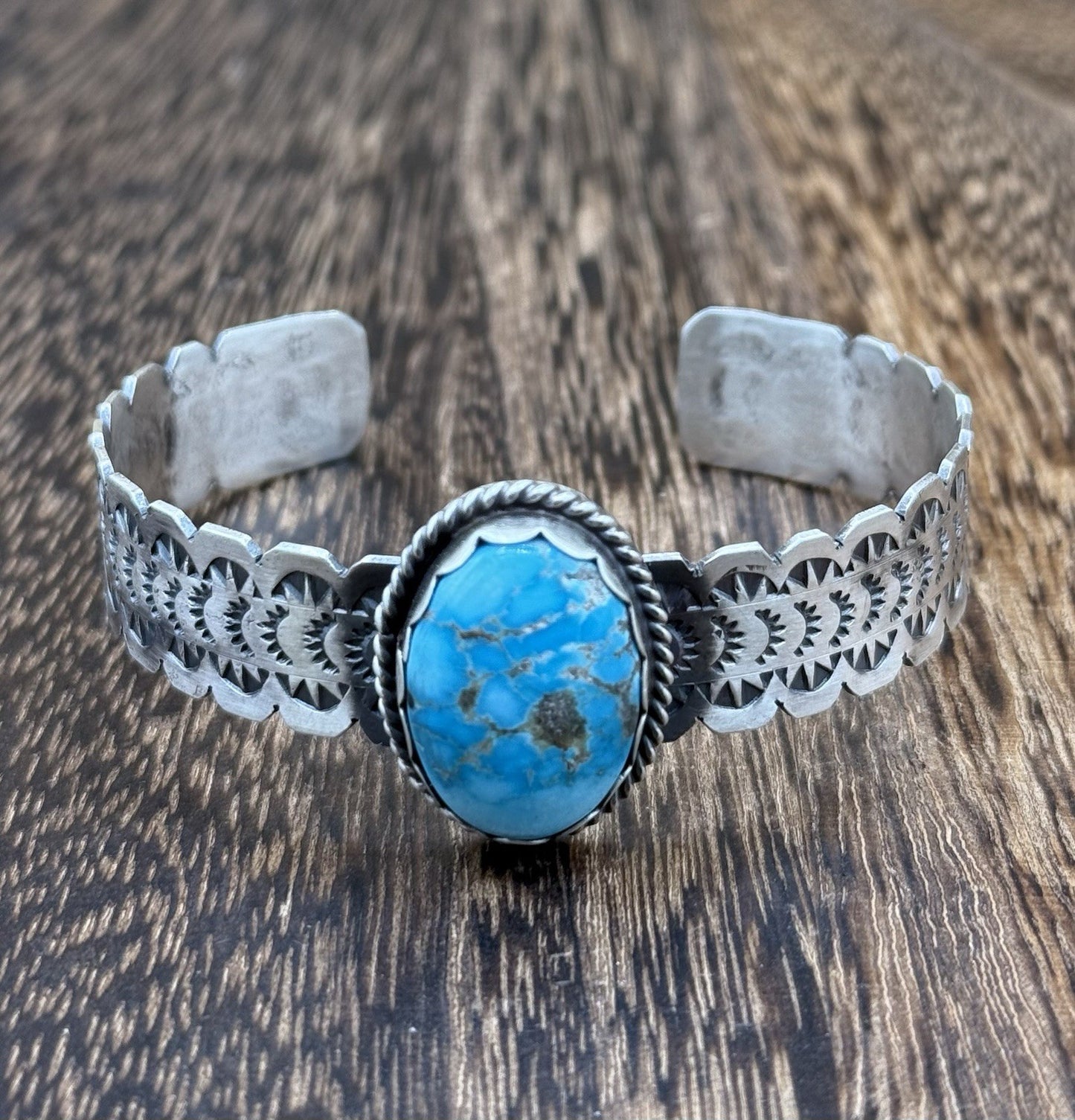 Navajo Handmade Sterling Silver Blue Bird Turquoise Stacker Cuff Bracelet
