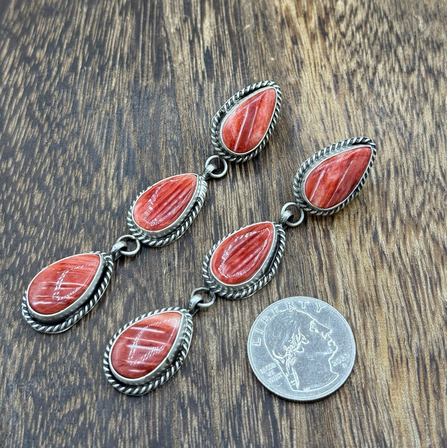 Native Navajo Handmade Sterling Silver Red Spiny Oyster Post Dangle Earrings