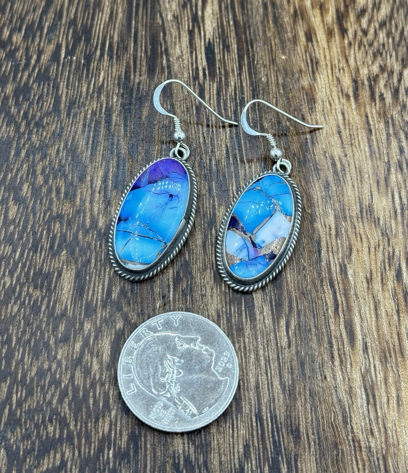 Navajo Handmade Sterling Silver Violet Rose & Blue Dahlia Dangle Drop Earrings