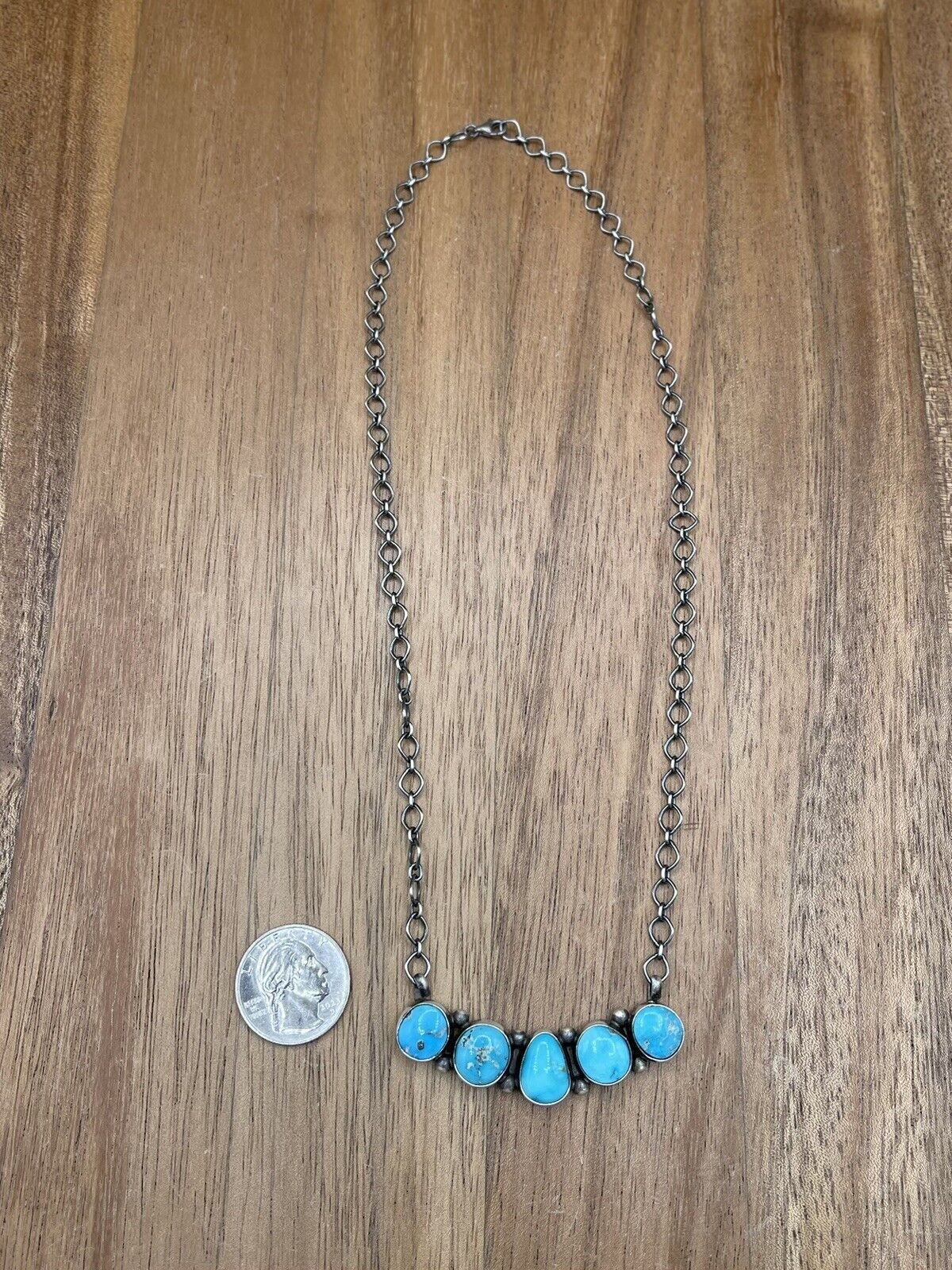 Native American Navajo Handmade Silver Sonoran Bella Turquoise Bar Necklace 18”