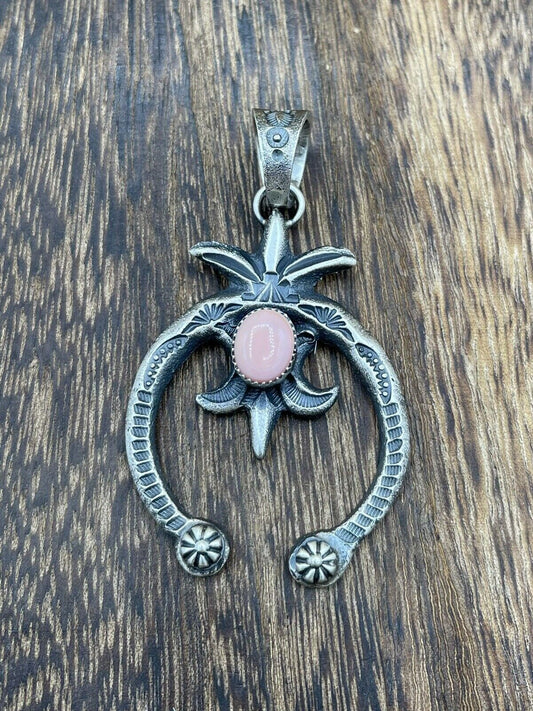 Native American Indian  Navajo Handmade Silver Old Look Pink Concho Naja Pendant