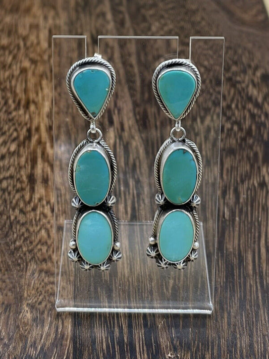 Native American Sterling Silver Navajo Handmade Turquoise Post Dangle Earrings