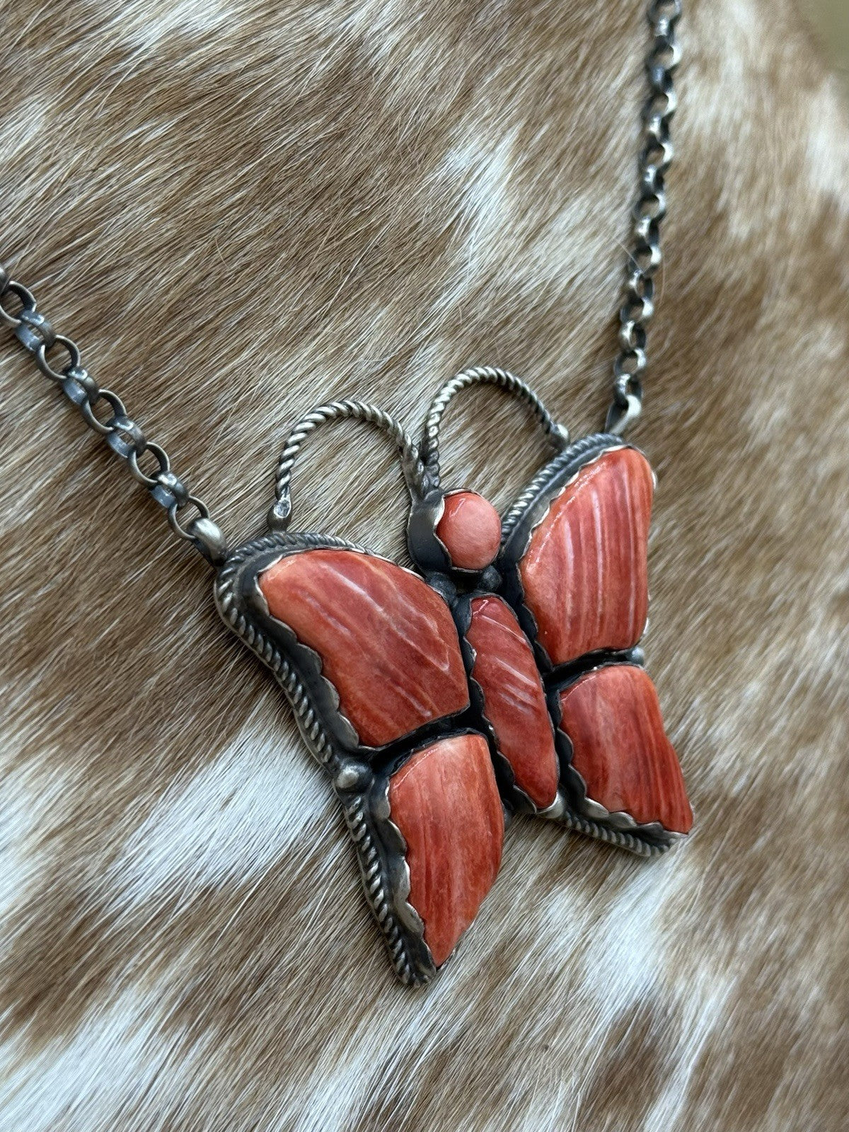 Navajo Handmade Sterling Silver Red Spiny Oyster Butterfly Bar Necklace 18”