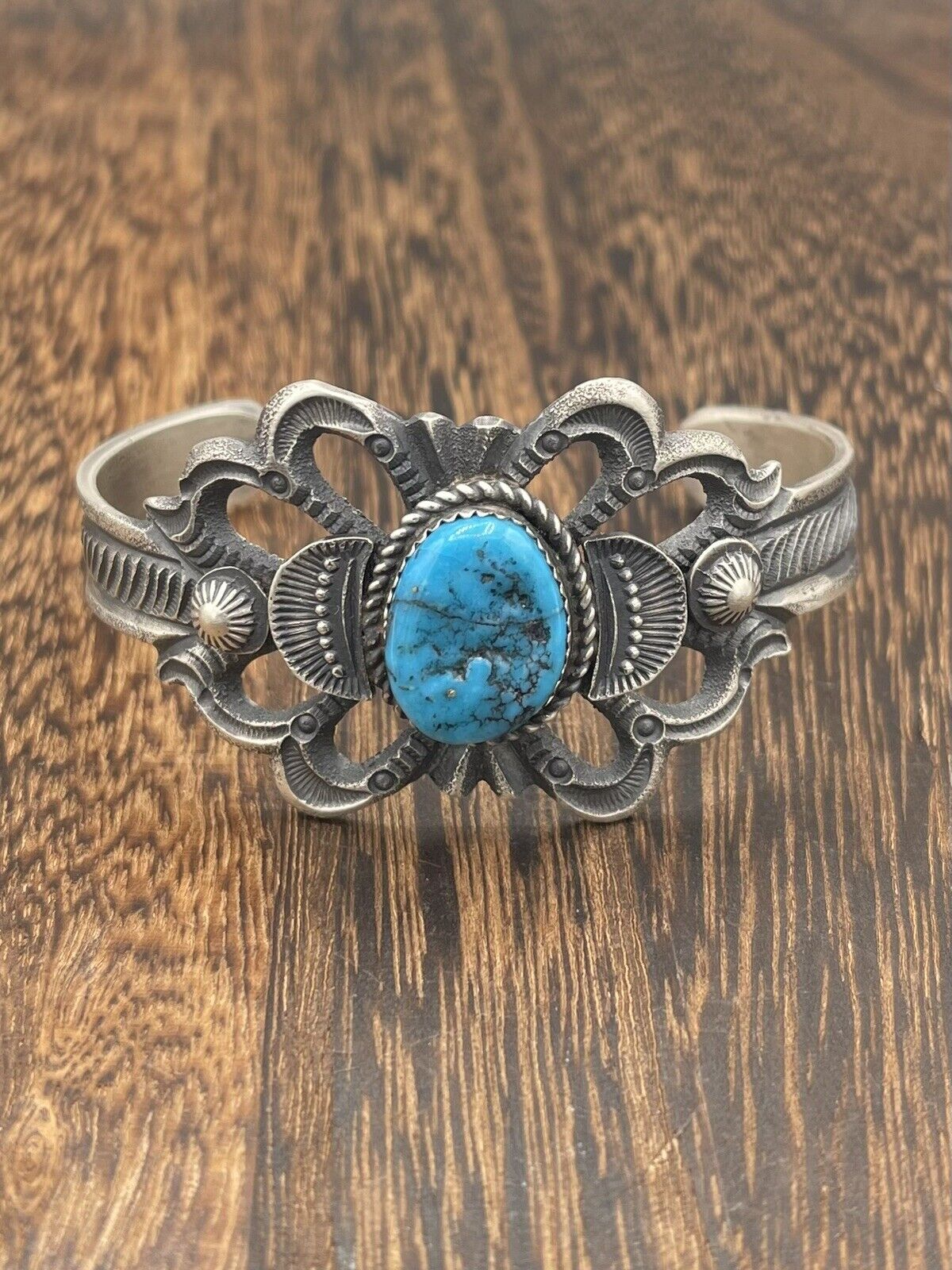 Native American Sterling Silver Navajo Handmade Kingman Turquoise Cuff Bracelet