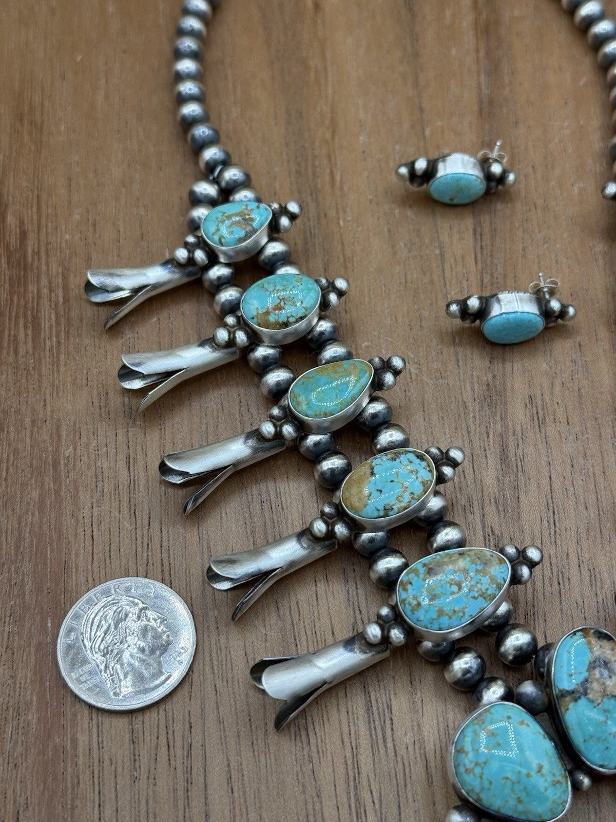 Navajo Handmade Sterling Silver Kingman Turquoise Squash Blossom Necklace 20”