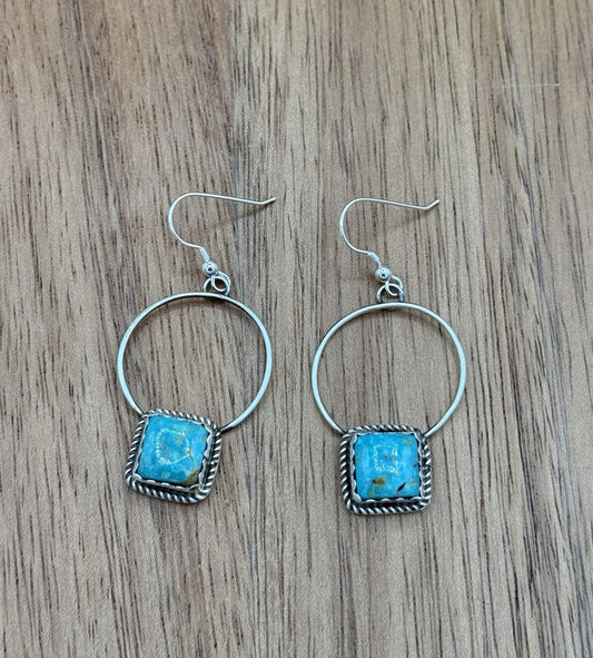 Navajo Handmade Sterling Silver Kingman Turquoise Hoop Dangle Drop Earrings