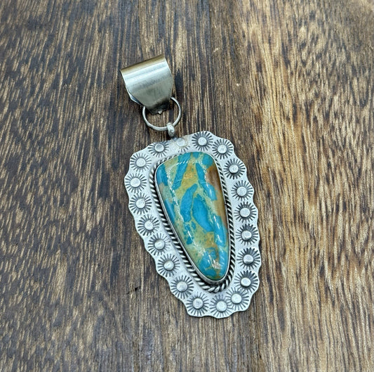 Navajo Handmade Sterling Silver Royston Turquoise Stamped Design Drop Pendant