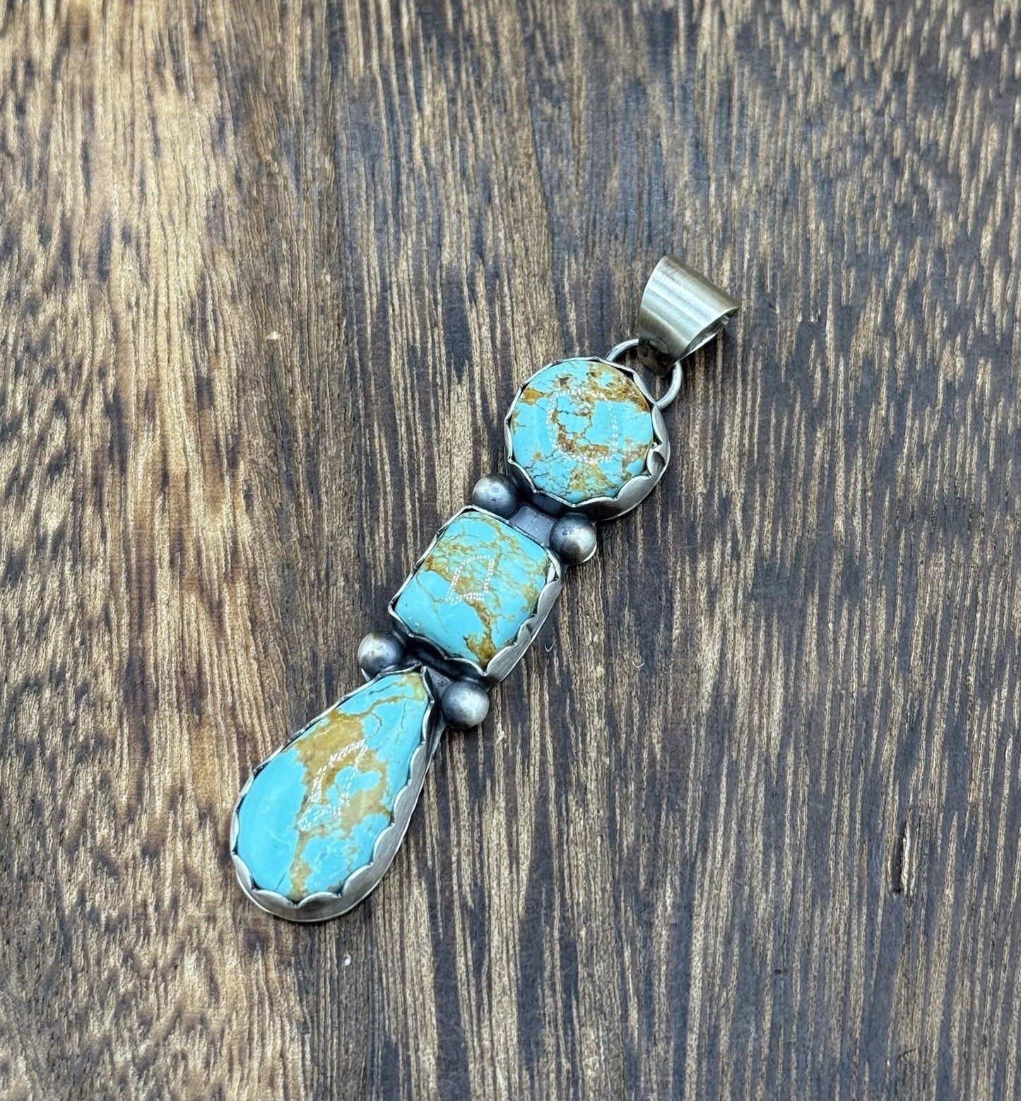 Navajo Handmade Sterling Silver Blue Glacier Turquoise Cluster Drop Pendant