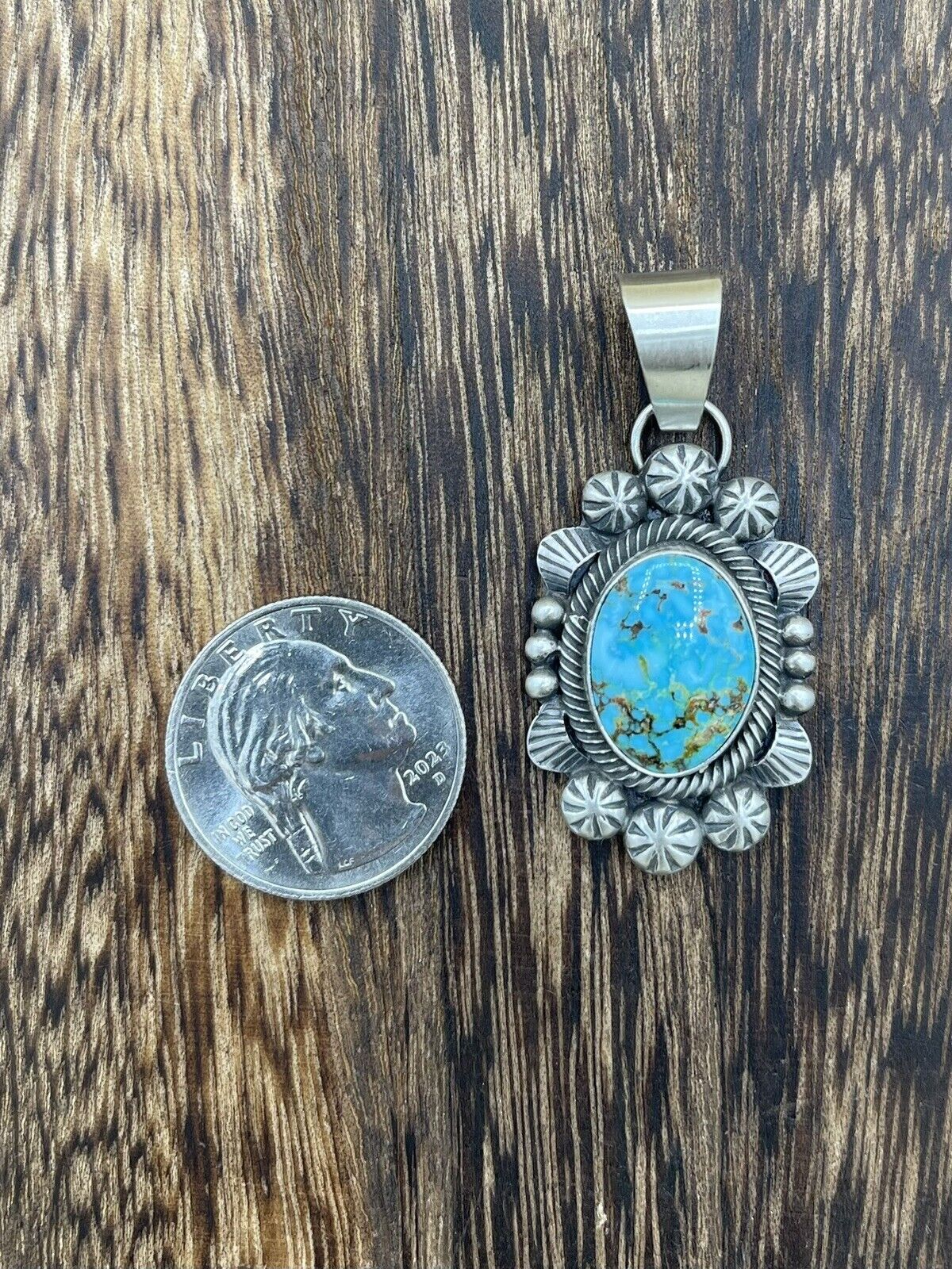 Native American Sterling Silver Navajo Handmade Turquoise Pendant - Betta Lee