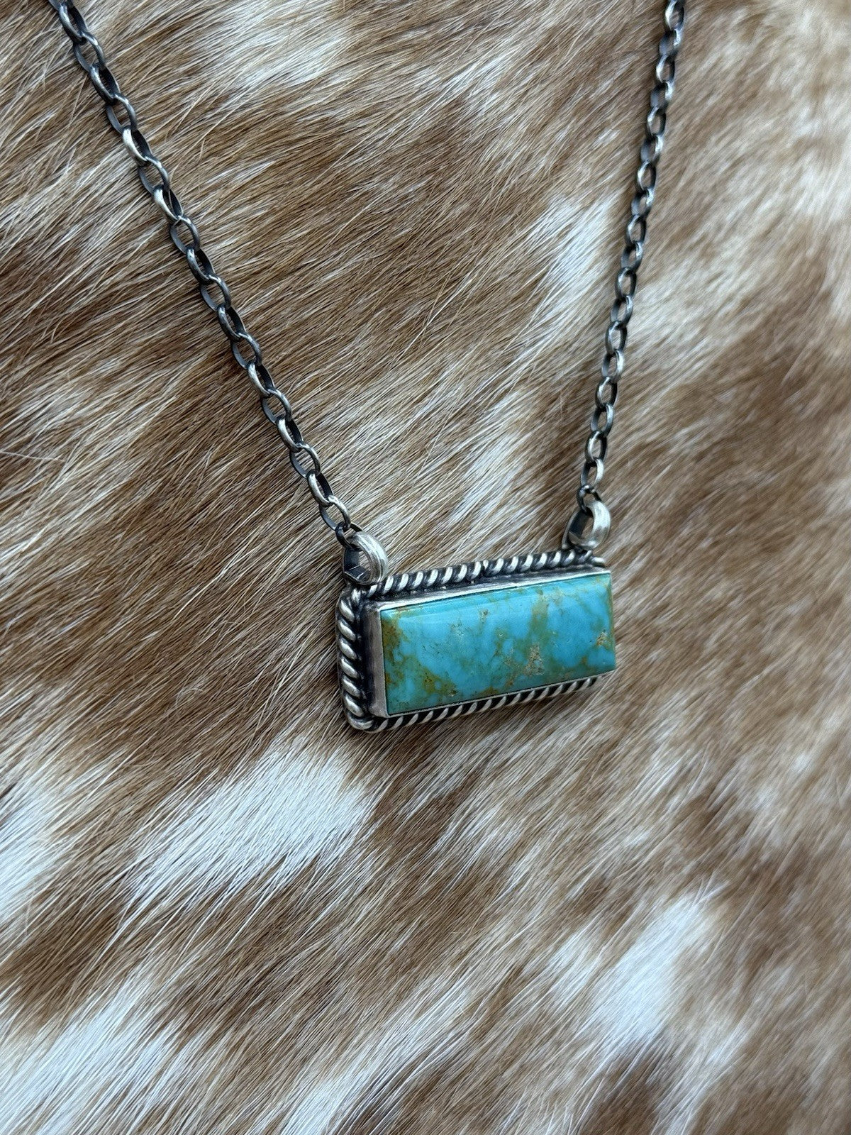 Navajo Handmade Sterling Silver Kingman Turquoise Bar Necklace 16” Augustine L.