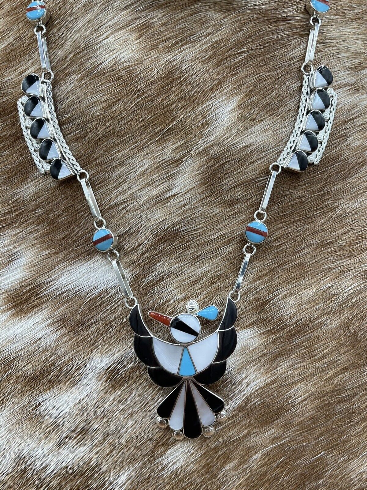 Native American Zuni handmade Silver Multi-stone Inlay Thunderbird Necklace 22”