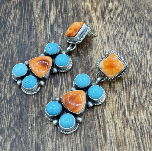 Navajo Handmade Sterling Silver Turquoise & Spiny Oyster Post Dangle Earrings