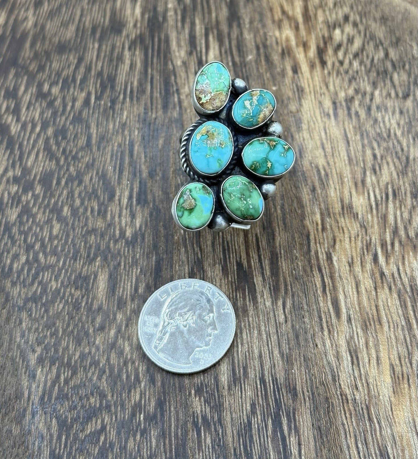Navajo Handmade Sterling Silver Sonoran Gold Turquoise Half Cluster Ring Size 8