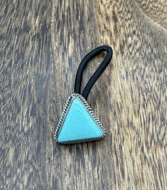 Native American Navajo Handmade Sterling Silver Blue Glacier Turquoise Hair Tie