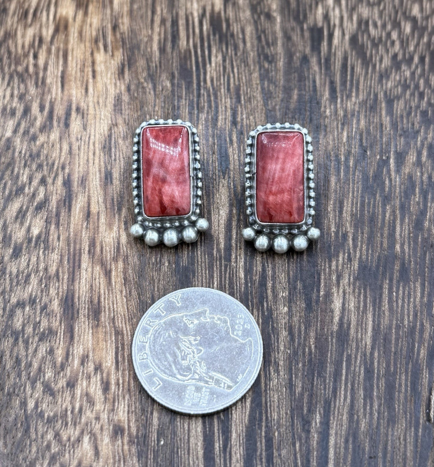 Native Navajo Handmade Sterling Silver Red Spiny Oyster Shell Post Stud Earrings