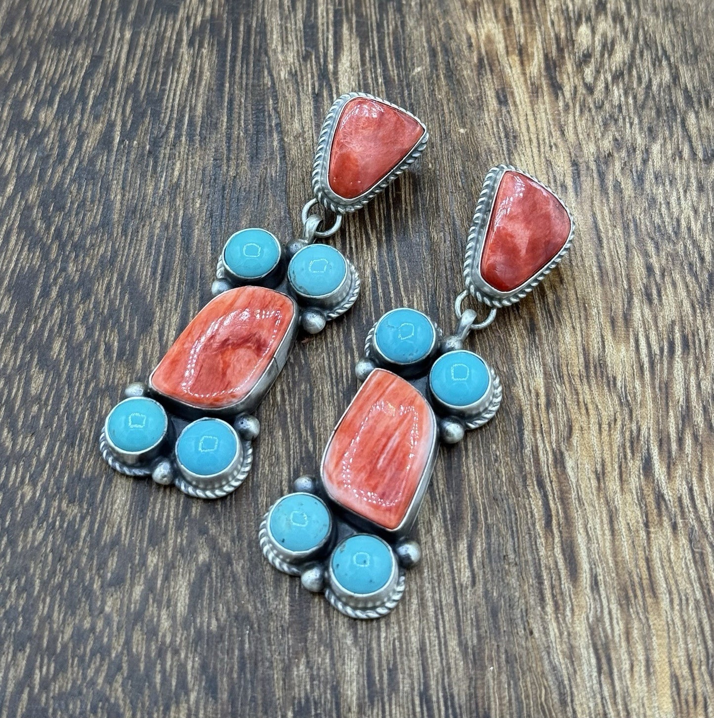 Navajo Handmade Sterling Silver Turquoise & Spiny Oyster Post Dangle Earrings