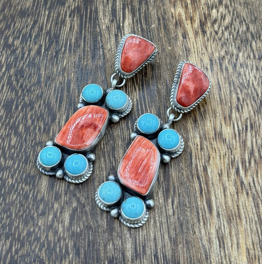 Navajo Handmade Sterling Silver Turquoise & Spiny Oyster Post Dangle Earrings