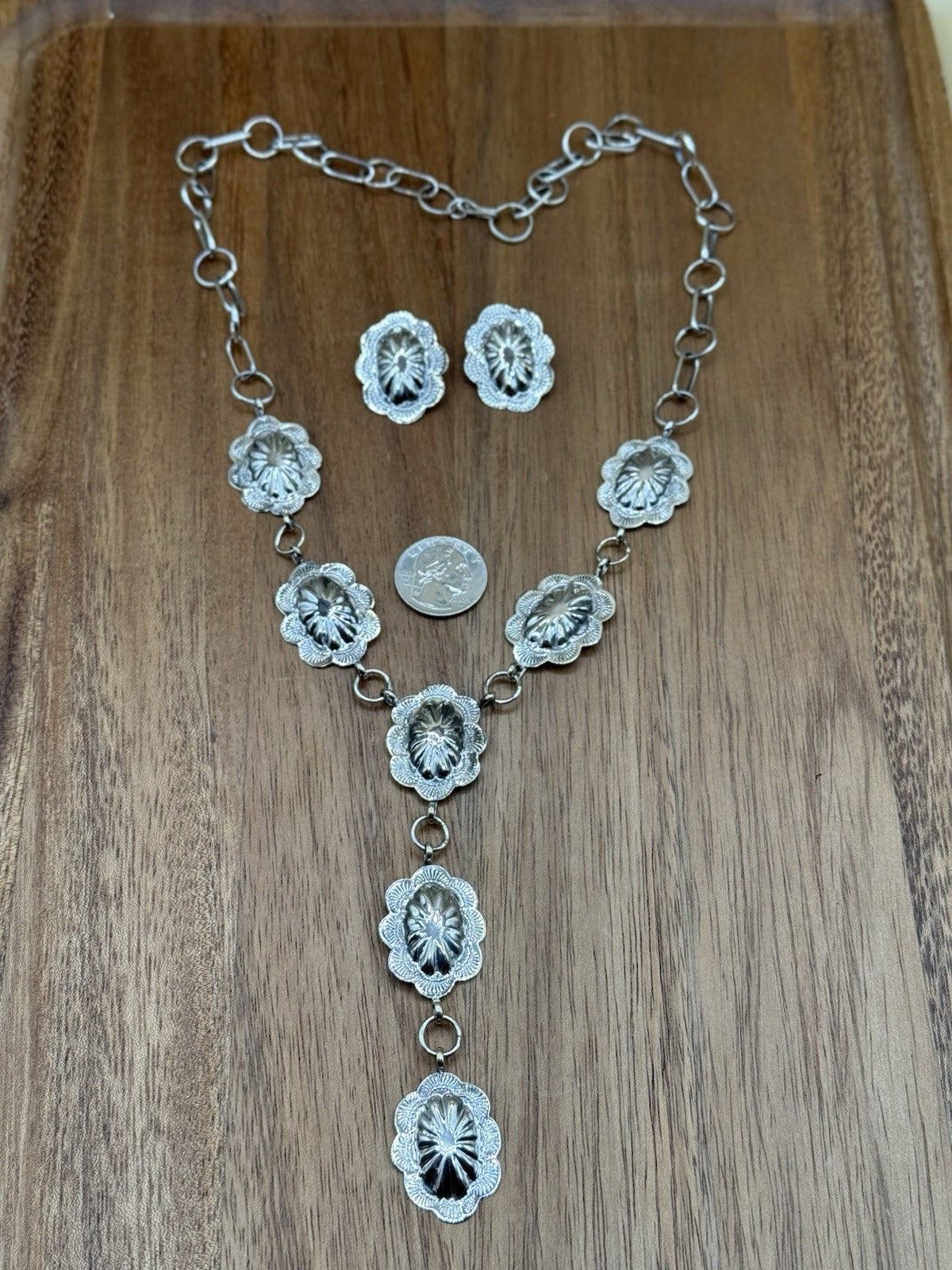 Navajo Handmade Sterling Silver Stamped Concho Shiny Lariat Necklace Set 24”