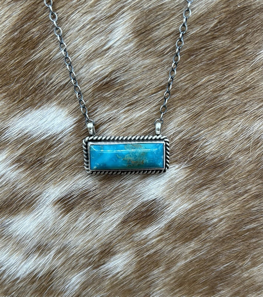 Navajo Handmade Sterling Silver Kingman Turquoise Bar Necklace 16”