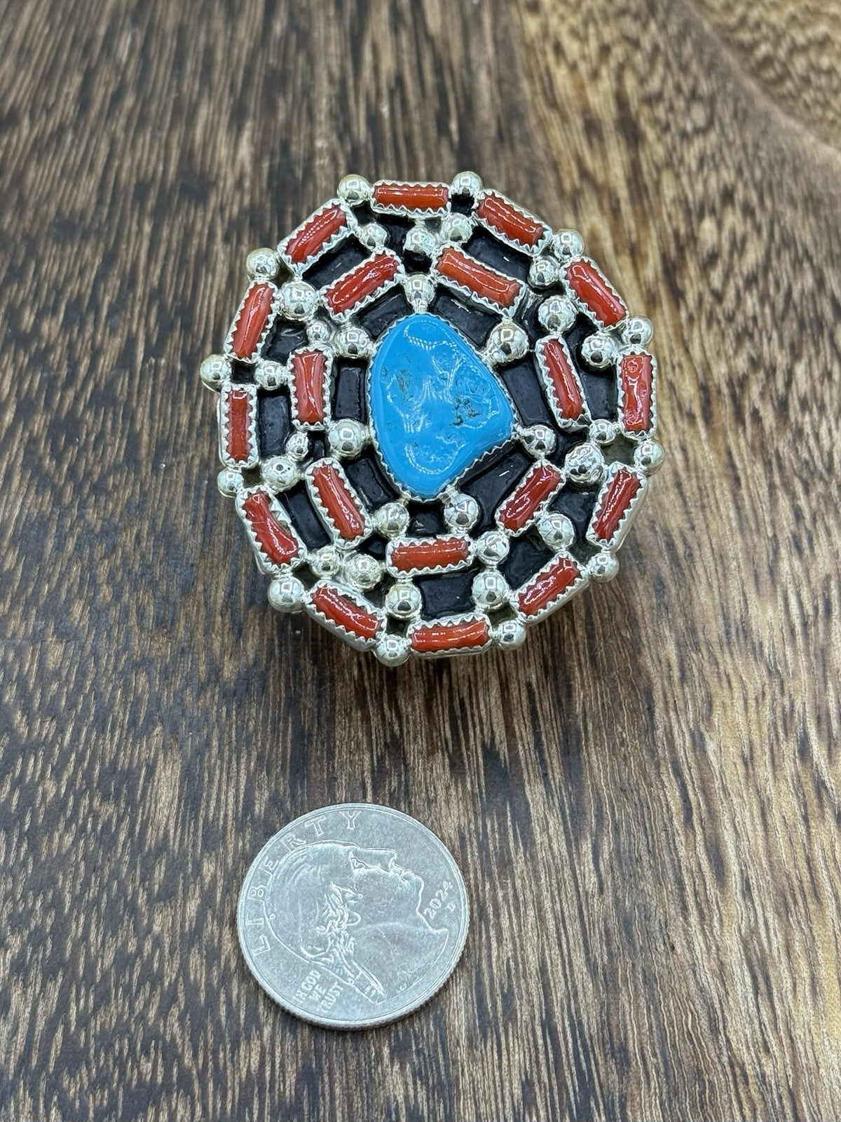 Navajo Handmade Sterling Silver Sleeping Beauty Turquoise & Coral Adjustable 6-9