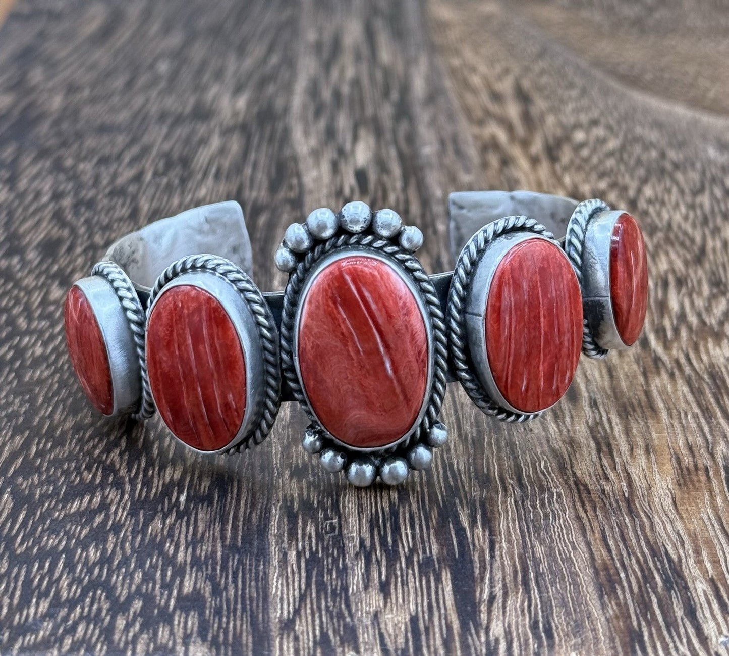 Native Navajo Handmade Sterling Silver Red Spiny Oyster Shell Cuff Bracelet