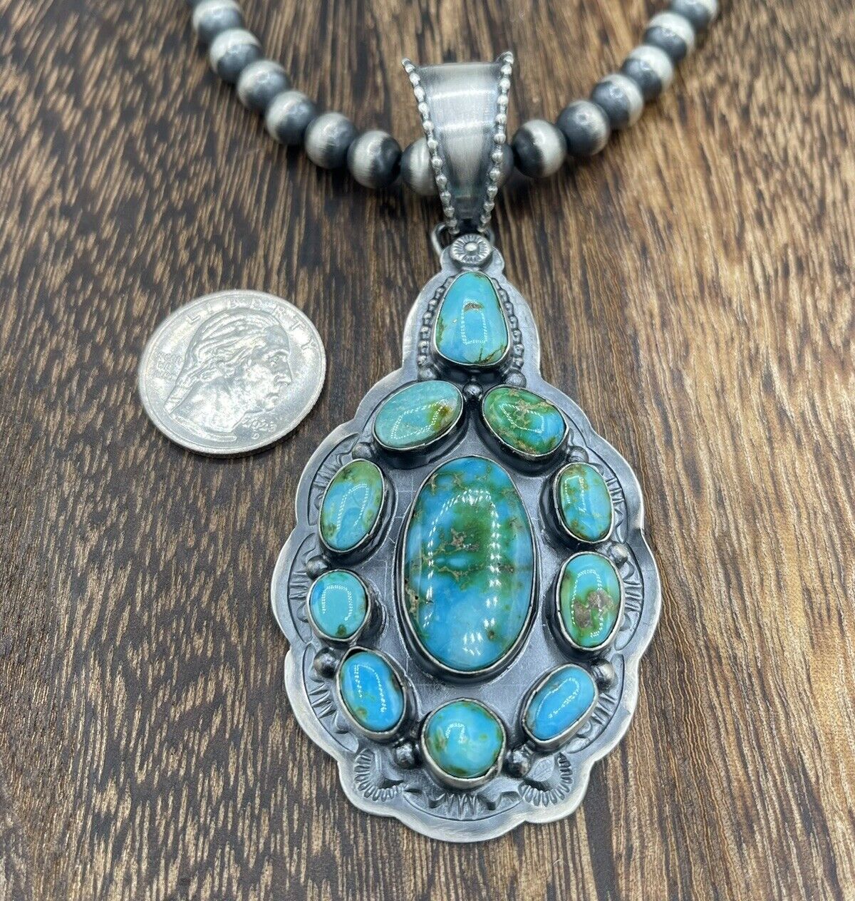 Native American Sterling Silver Navajo Handmade Turquoise Necklace With Pendant