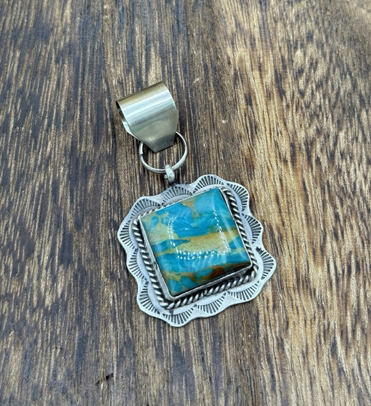 Navajo Handmade Sterling Silver Royston Turquoise Stamped Design Drop Pendant
