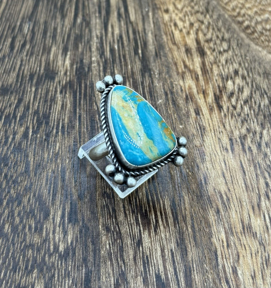 Navajo Handmade Sterling Silver Royston Turquoise Adjustable Ring Size 8 To 10
