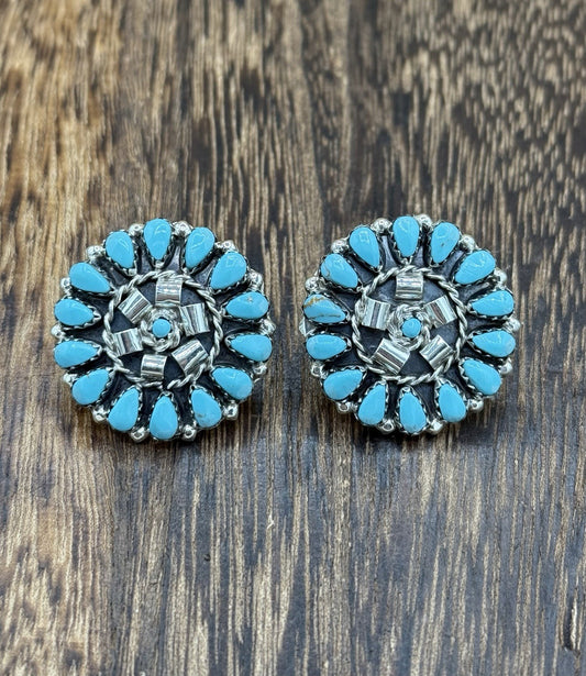 Native American Navajo Handmade Sterling Silver Turquoise Cluster Post earrings