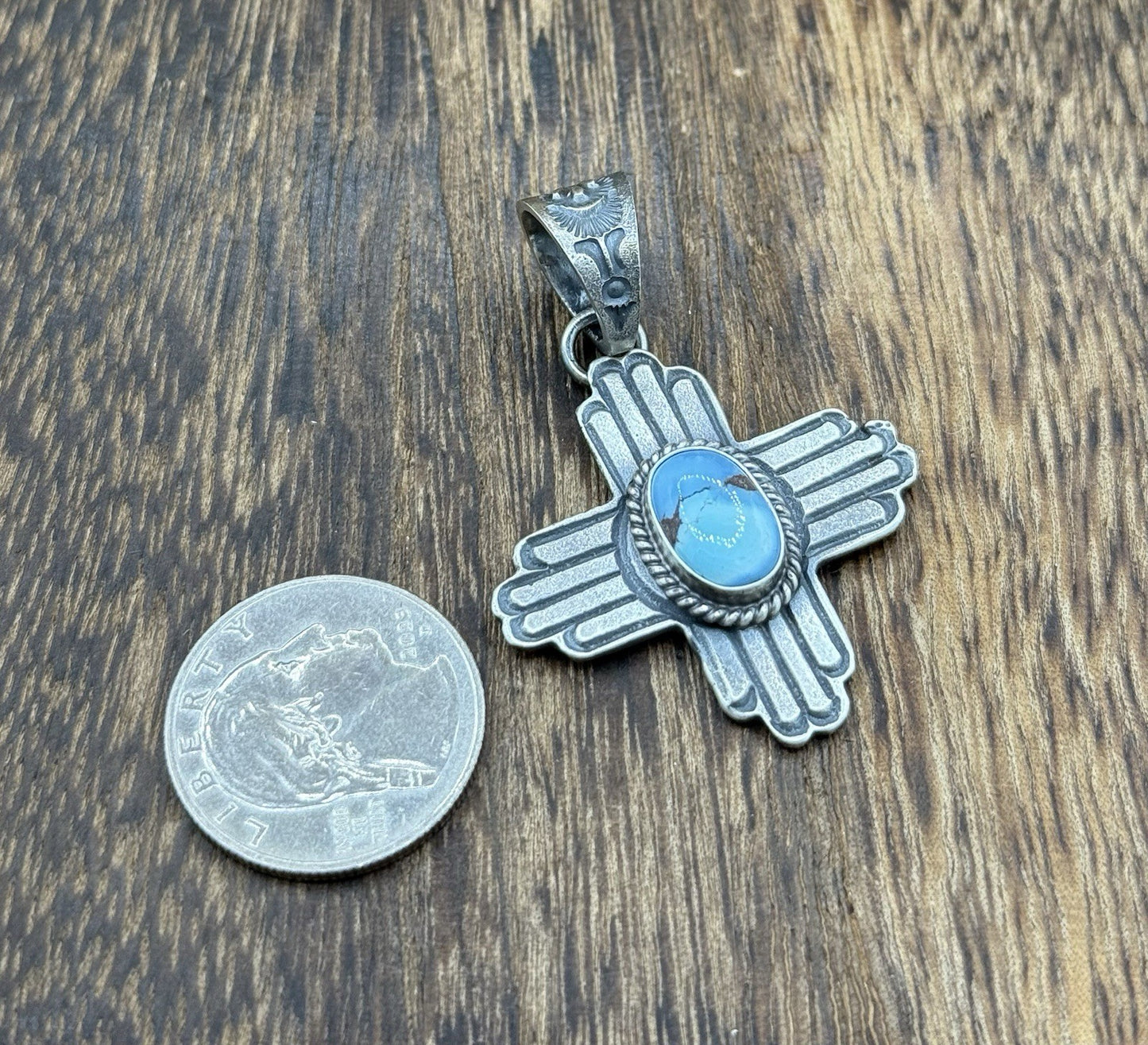 Navajo Handmade Sterling Silver Old Look Golden Hills Turquoise Zia Pendant