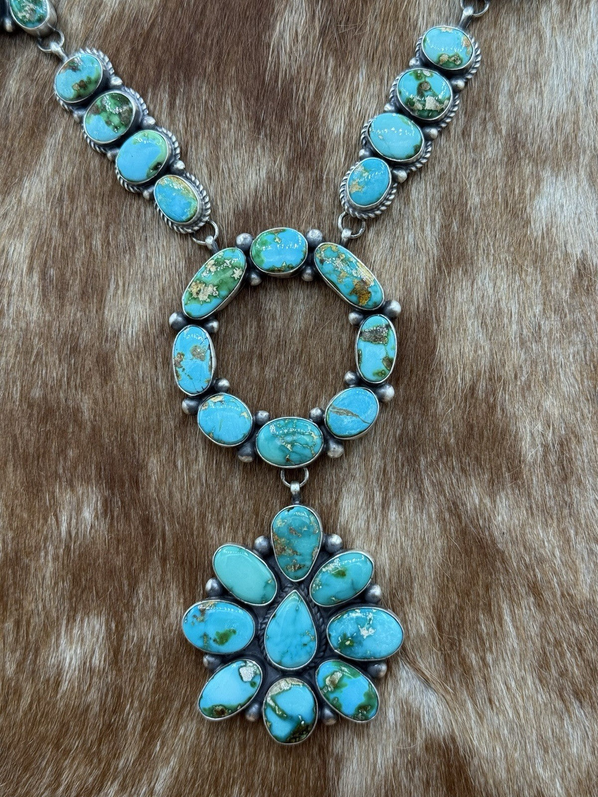 Navajo Handmade Sterling Silver Sonoran Gold Turquoise Cluster Lariat Necklace