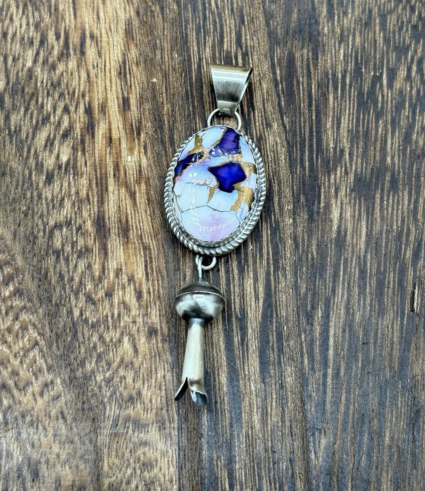 Native Navajo Handmade Sterling Silver Violet Rose Dahlia Dangle Blossom Pendant