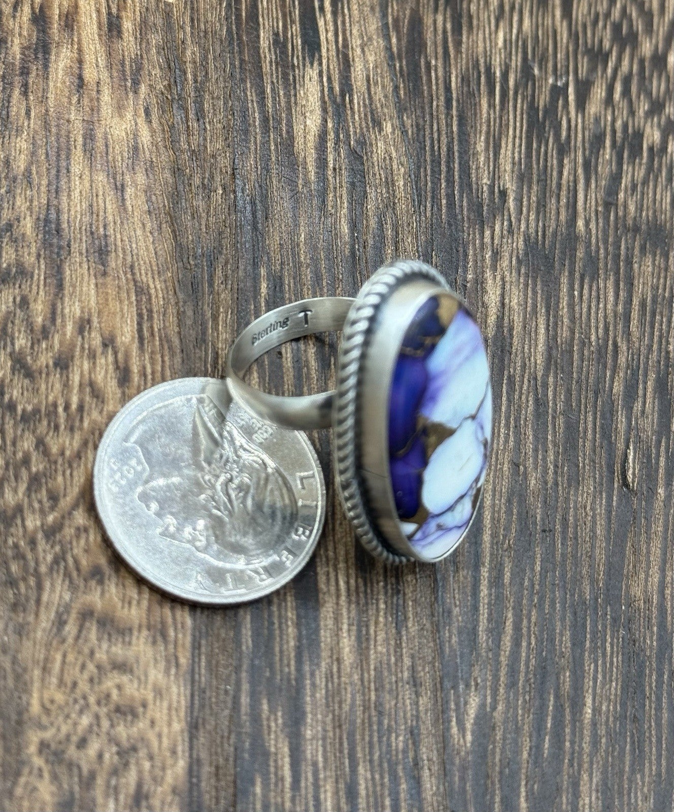 Navajo Handmade Sterling Silver Violet Rose Adjustable Ring  Size 7 To 10